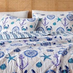 Full / Queen set, Summer Coastal Quilt with Sham, Beach 2-Piece Reversible All Season Bedspread Quilt Set. Lightweight Nautical (Color: Blue, size: Full   Queen)