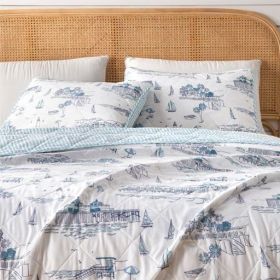 Full / Queen set, Summer Coastal Quilt with Sham, Beach 2-Piece Reversible All Season Bedspread Quilt Set. Lightweight Nautical (Color: Cape Elizabeth, size: Full   Queen)