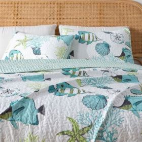 Full / Queen set, Summer Coastal Quilt with Sham, Beach 2-Piece Reversible All Season Bedspread Quilt Set. Lightweight Nautical (Color: Seaside, size: Full   Queen)