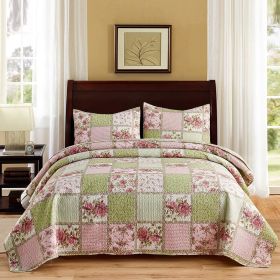 3-Piece Quilt Set with 2 Pillow Shams- Boho Reversible Soft and Lightweight Quilt Bedding Bedspread Coverlet Set (Color: Garden, size: QUEEN)