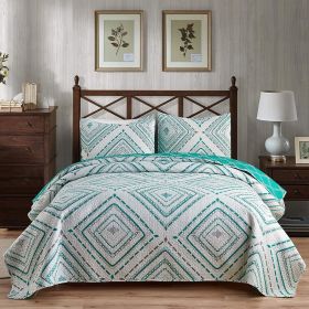 3-Piece Quilt Set with 2 Pillow Shams- Boho Reversible Soft and Lightweight Quilt Bedding Bedspread Coverlet Set (Color: Green White, size: QUEEN)