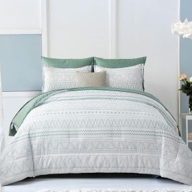 Comforter Set King Size,7 Pieces Bed in a Bag Grey White Comforter Geometric Bohemian Complete Bedding Set with Sheet (Color: Sage Green, size: Queen 90 90)