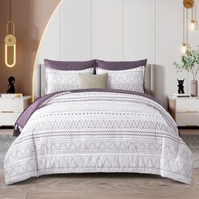 Comforter Set King Size,7 Pieces Bed in a Bag Grey White Comforter Geometric Bohemian Complete Bedding Set with Sheet (Color: purple, size: Queen 90 90)